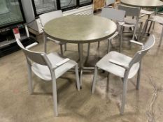 34" ROUND TABLE WITH (4) GREY PLASTIC ARMCHAIRS