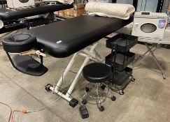ELECTRIC LIFT MASSAGE TABLE W/ RTD-26A TOWEL WARMER, MASSAGE TABLE WARMER, PADDED ROLLING STOOL &