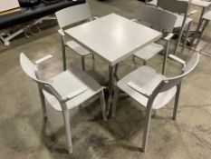 24" SQUARE TABLE WITH (4) GREY PLASTIC ARMCHAIRS