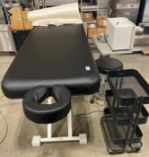 ELECTRIC LIFT MASSAGE TABLE W/ RTD-26A TOWEL WARMER, MASSAGE TABLE WARMER, PADDED ROLLING STOOL &