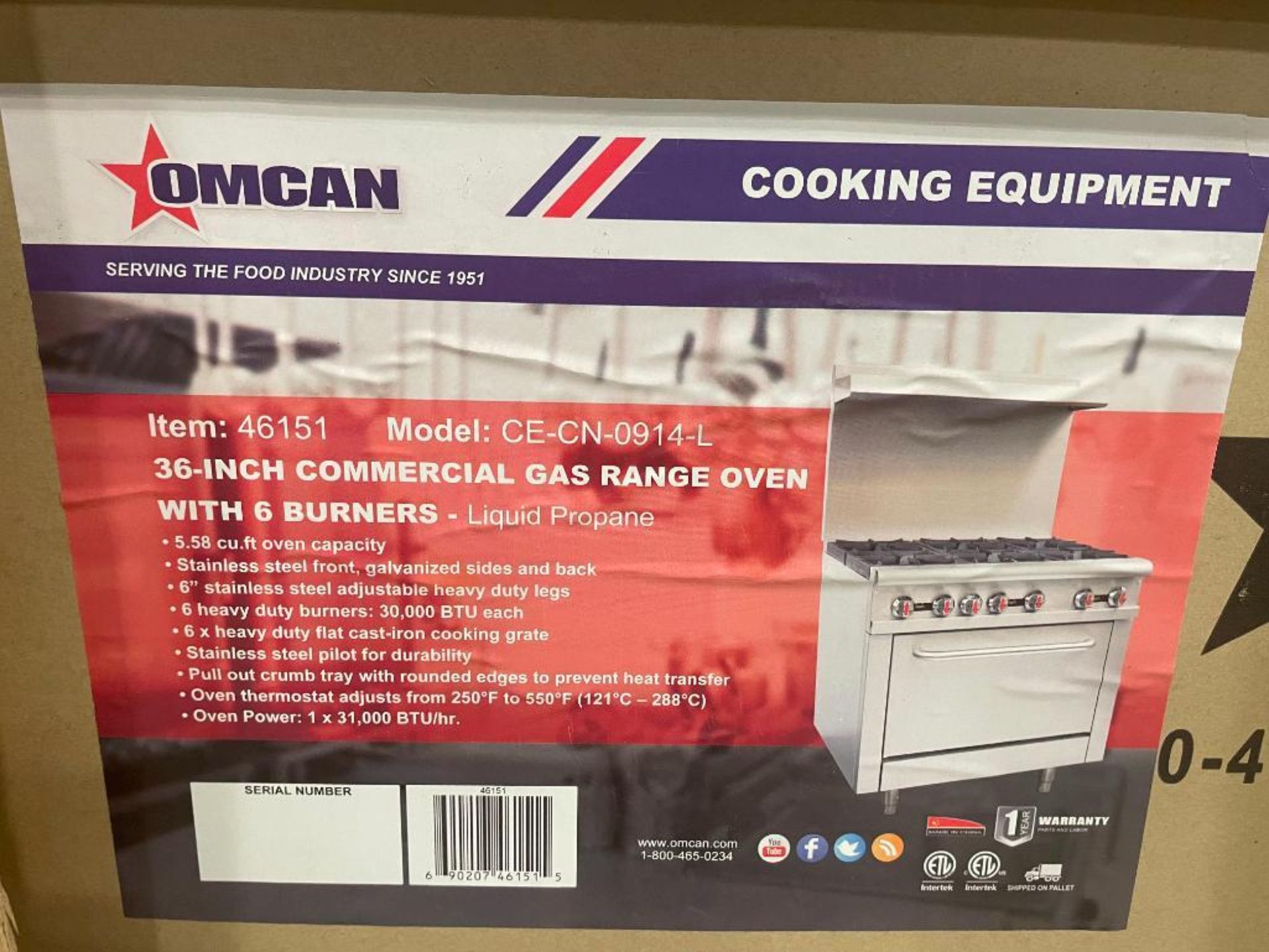 NEW 36" COMMERCIAL GAS RANGE, LIQUID PROPANE - OMCAN 46151 - Image 2 of 5