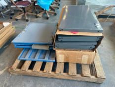 (2) Boxes of Uline Shelf Bin Organizer and Assorted Steel Cabinet Doors