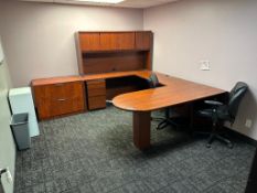 Lot of U-Shaped Desk w/ Overhead Hutch, 2-Drawer Lateral Filing, Small Cabinet, (2) Task Chairs, etc