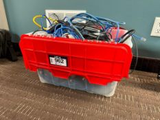 Tote of Asst. Display Cables, Ethernet, Power Bars, Network Router, etc.