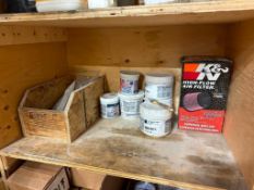 Contents of Middle Shelf of Work Bench including Thread Tape, Caulking Guns, Grease Guns, etc.