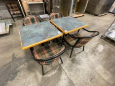 (2) SETS OF 30" X 30" DINING TABLES WITH (2) ROUND BACK ARM CHAIRS