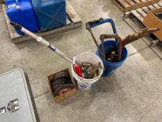 Lot of (2) Pails of Saws, Hammers, Torch, Electrodes, and (1) Box of Asst. Grinding Discs, etc.