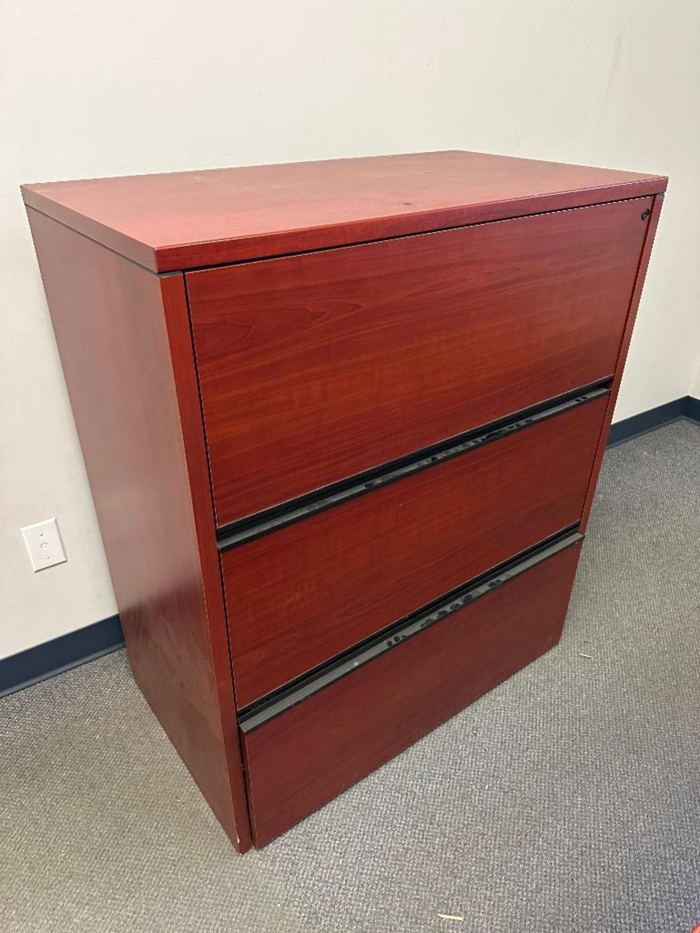 Contents of Office Including U-Shaped Desk w/ Overhead Hutch, 3-Drawer Lateral Filing Cabinet, (3) S - Image 3 of 7