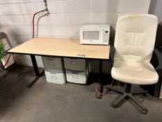 Lot of 60" X 30" Side Table w/ (2) Plastic Filing Cabinets, (1) Task Chair, (1) Haier Microwave