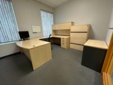 Lot of U-Shaped Desk w/ Overhead Hutch, 3-Drawer Lateral Filing Cabinet, (1) Task Chair, (1) Side Ca