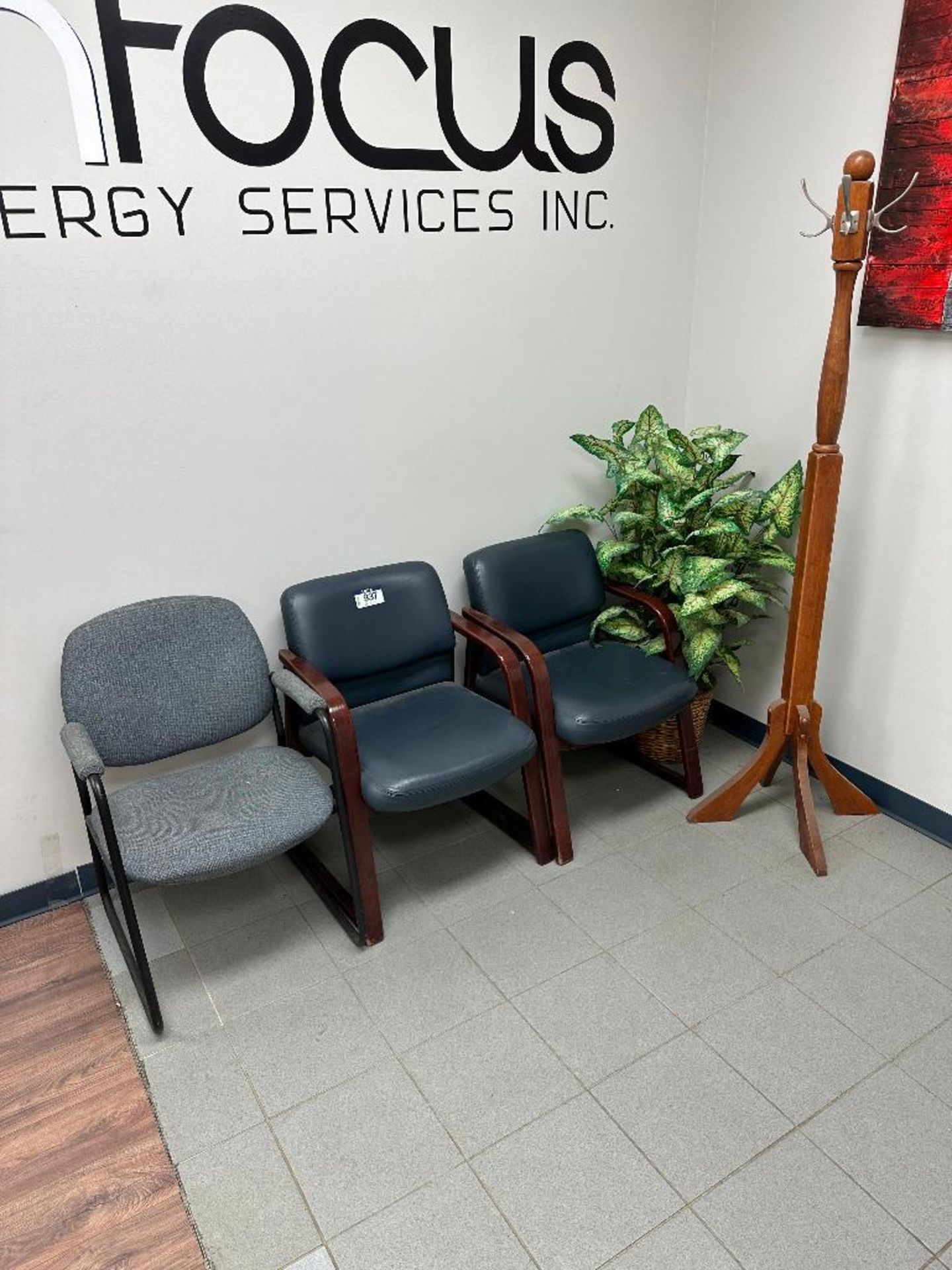 Lot of (3) Side Chairs, (1) Fake Plant, and (1) Coat Rack