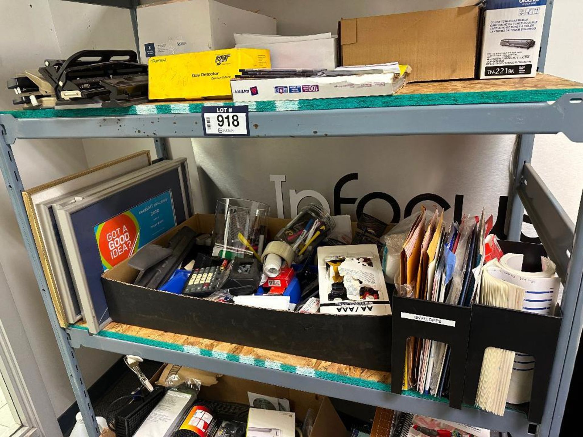 (1) Section Of Racking w/ Asst. Office Supplies including Pens, Folders, Calculator, Hole Punches, S - Image 8 of 9