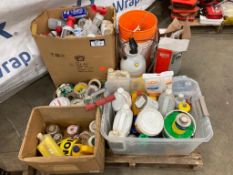 Pallet of Asst. Fluids, Eye Wash Bottles, Air Horns, Disposable Coveralls, Tape, etc.