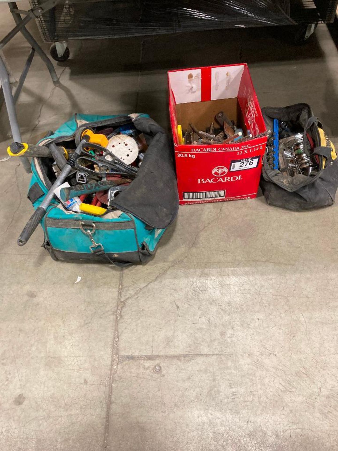 Lot of Asst. Tools including Sockets, Auger Bits, Stapler, Measuring Wheel, Hammer, Snips, etc.