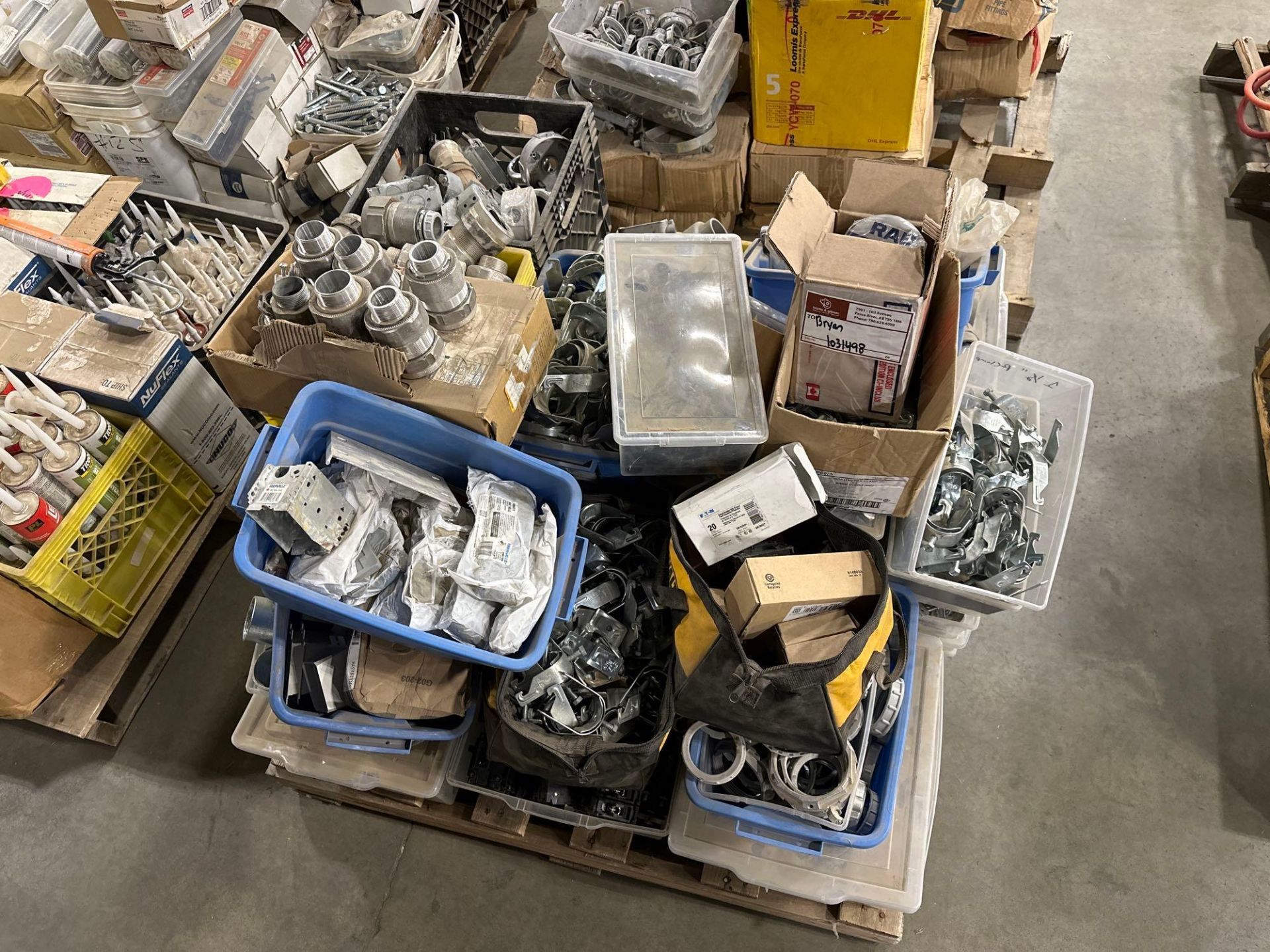 Pallet of Asst. Connectors, Hangers, Electrical Boxes, Breakers, Straps, etc.