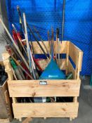 Crate of Asst. Shovels, Rakes, Brooms, Scrapers, Squeegees, Pry Bars, etc.