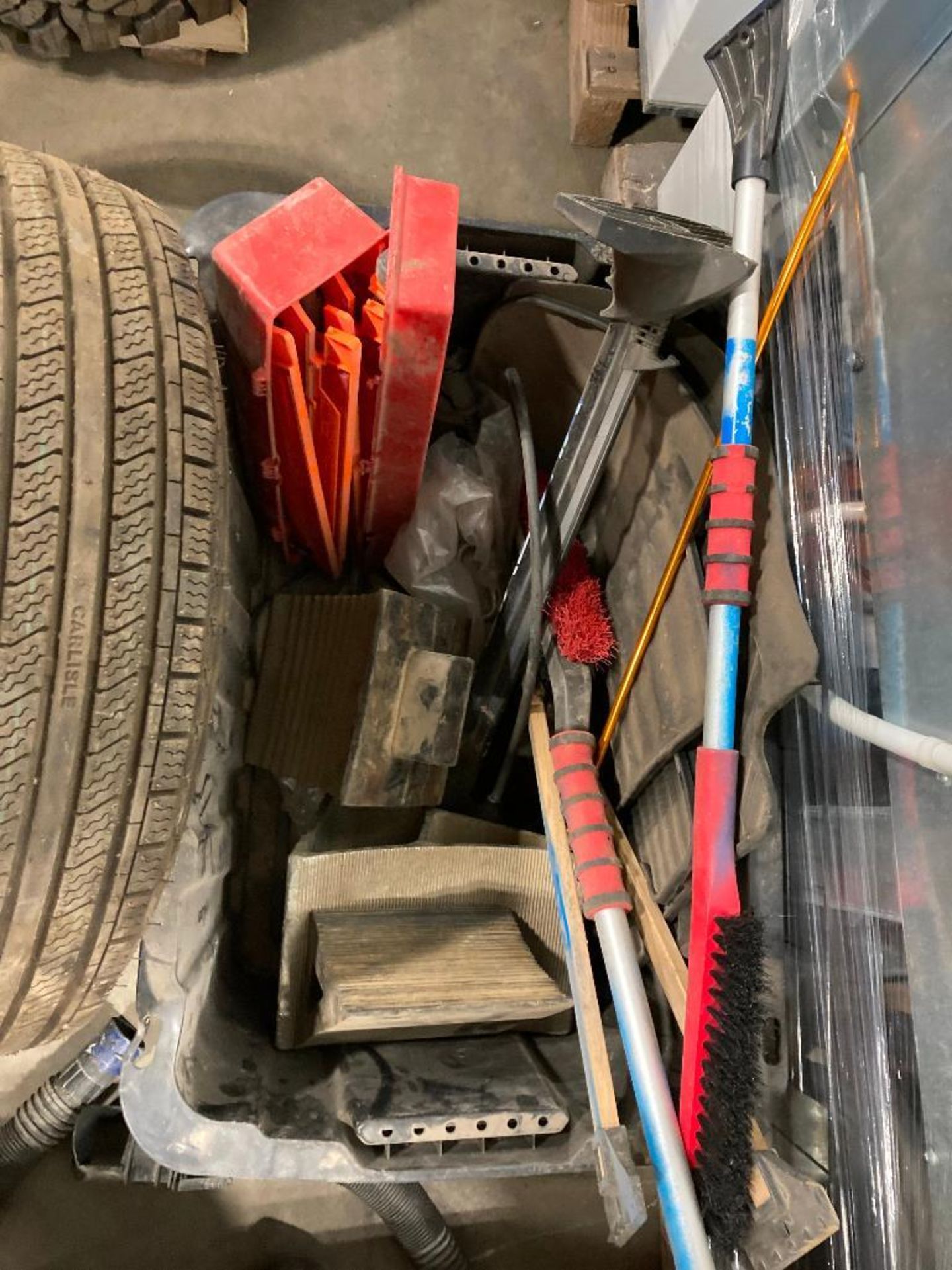 Lot of (2) Asst. Tires and Asst. Wire Brushes, Snow Brushes, Chock Blocks, Road Flares, etc - Image 4 of 5
