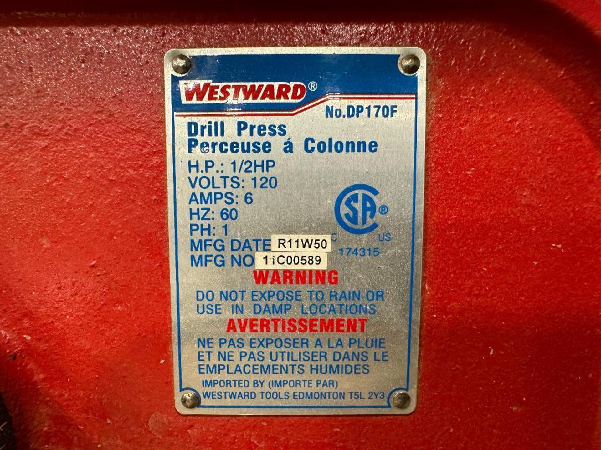 Westward DP 170F Drill Press 1/2HP, 120V, 6A - Image 4 of 4