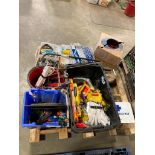 Pallet of Asst. Measuring Tapes, Tools, Cut-Off Discs, Sockets, Rags, First Aid Kit, etc.