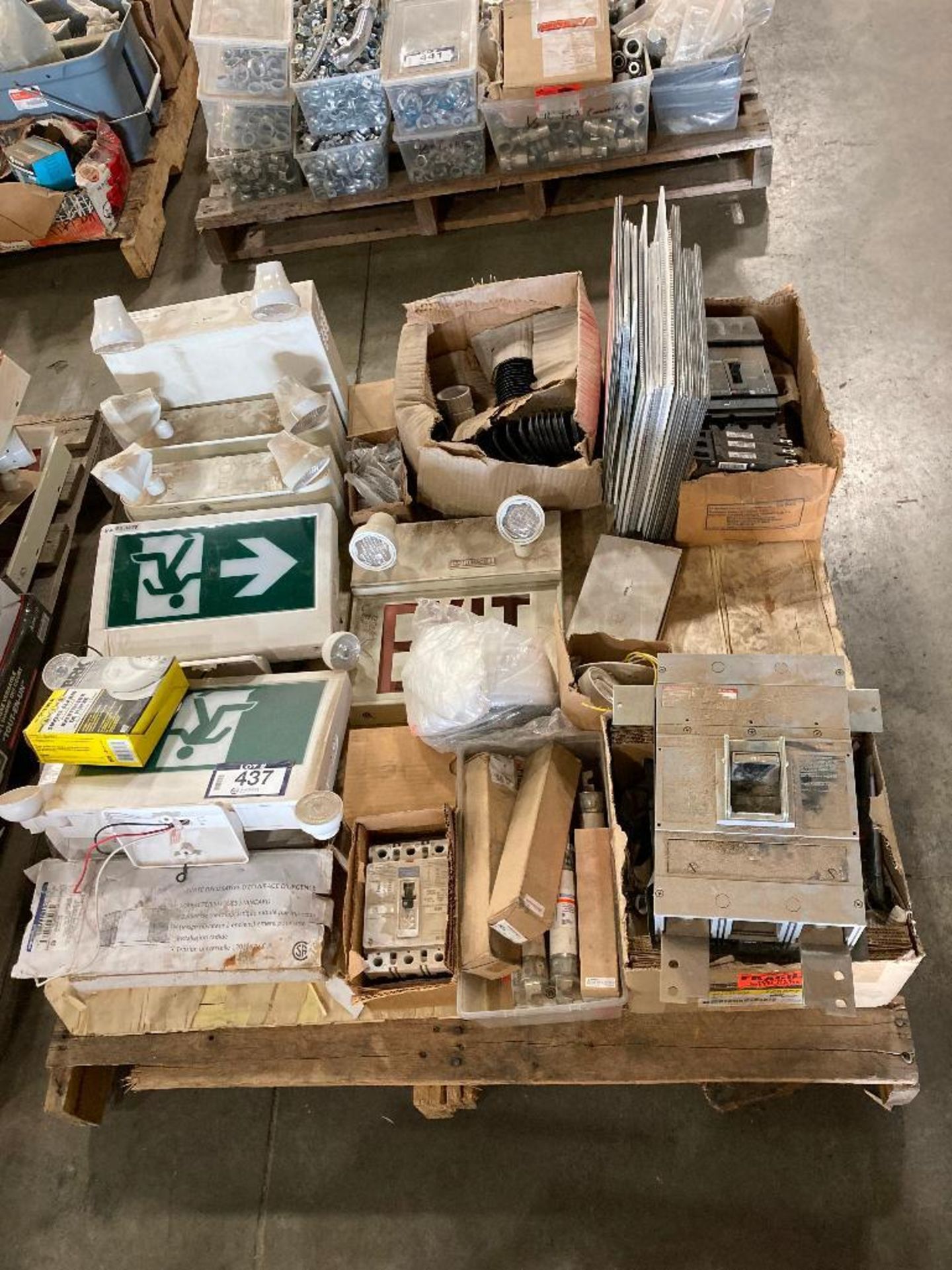 Pallet of Asst. Breakers, Exit Signs, Emergency Lighting, Fuses, etc.