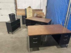 Lot of (2) 60" x 30" Double Pedestal Desks and (3) Asst. Vertical Filing Cabinets, Paper Shredder, e