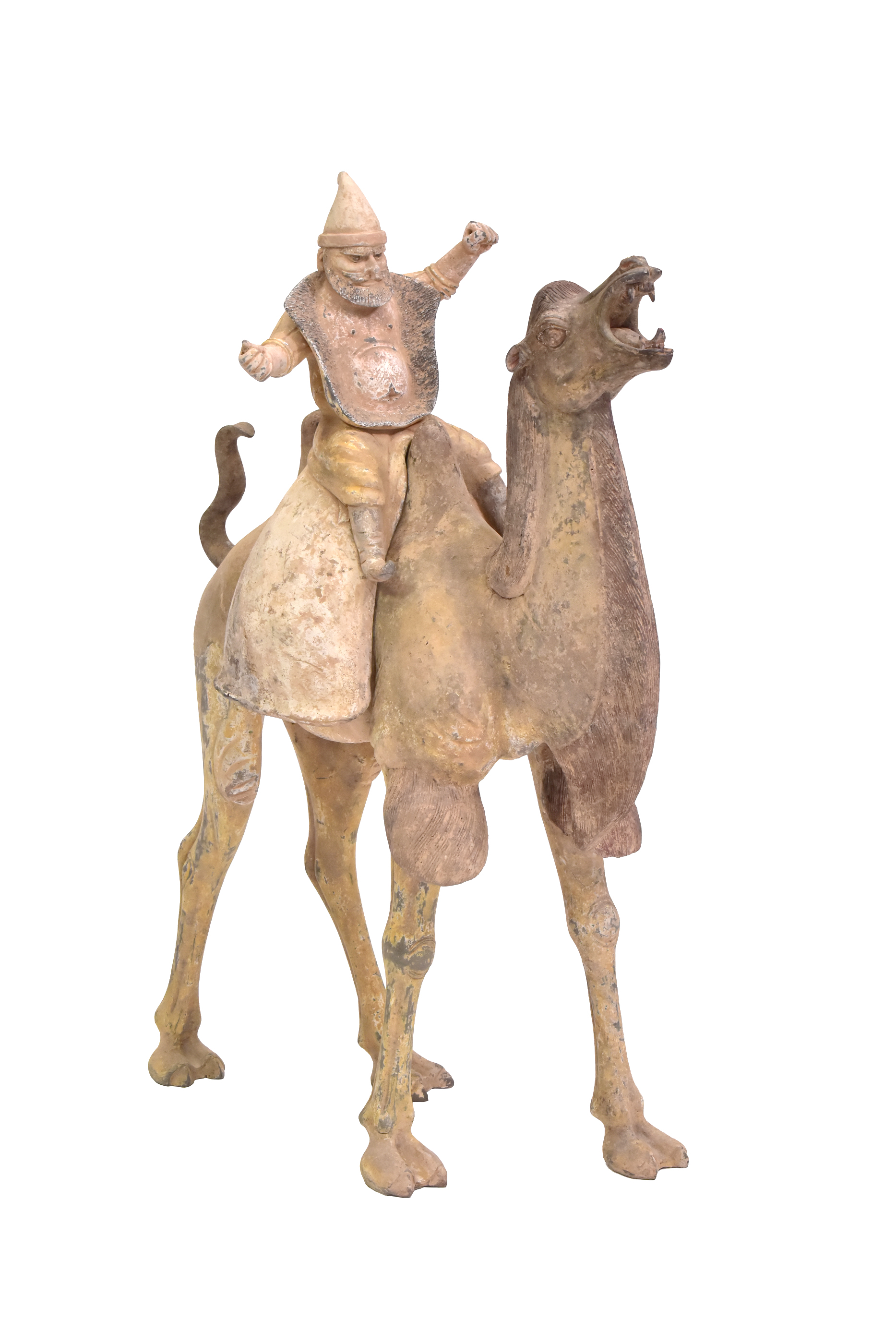A LARGE CHINESE UNGLAZED GREY POTTERY CAMEL WITH DETACHABLE RIDER, TANG DYNASTY, 618 – 907 AD