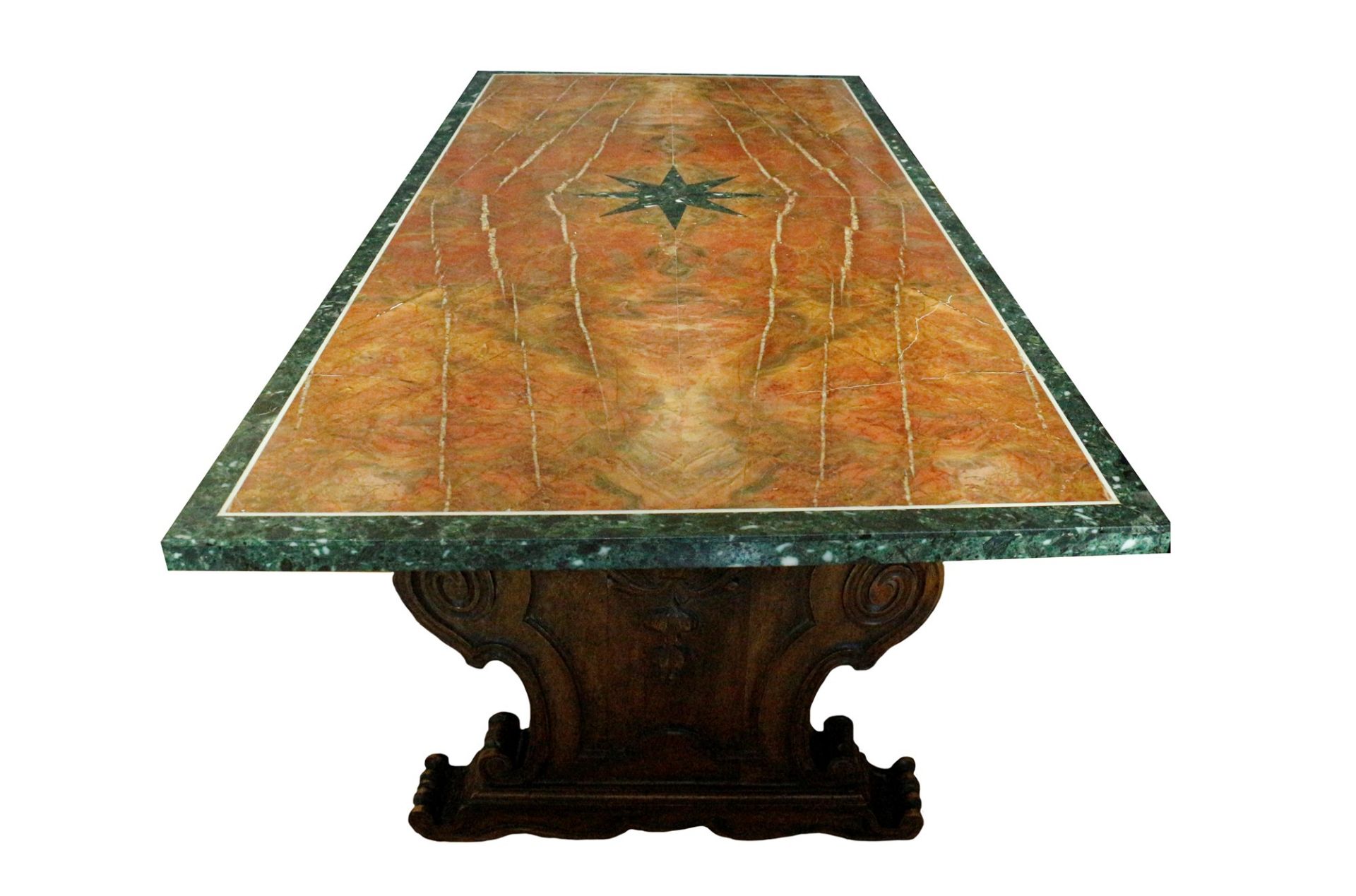 Grande tavolo con piano lastronato in marmo diaspro rosso di Numidia e cornice in marmo verde. Decor - Image 2 of 2