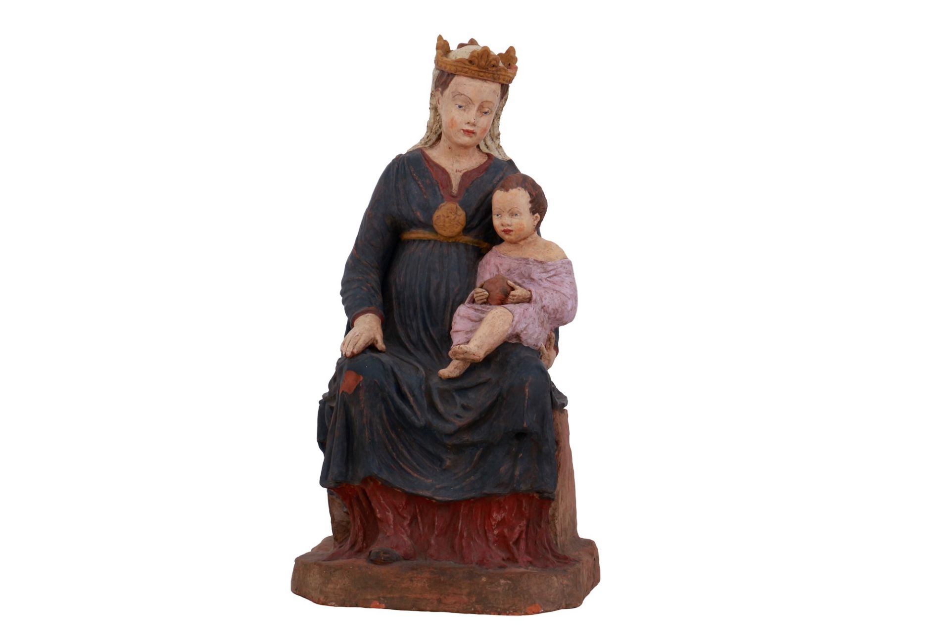 Scultura in terracotta policroma raffigurante Madonna in trono con bambino 