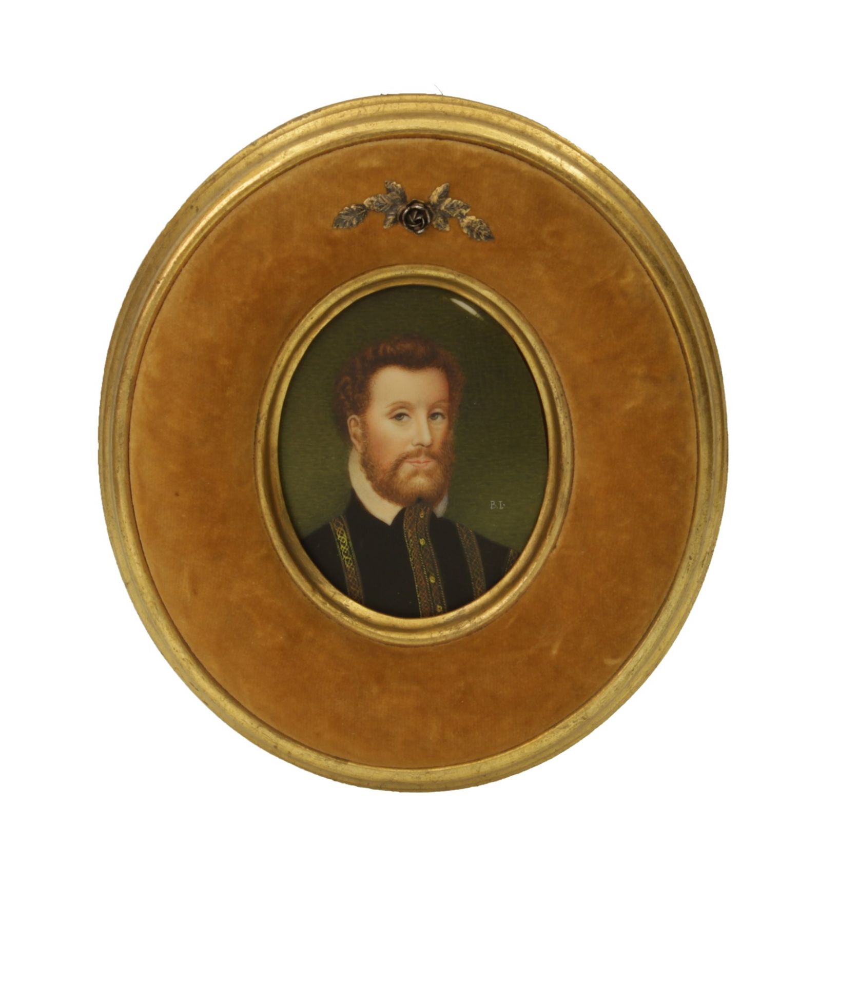 Miniatura raffigurante piccolo tondo con uomo con barba In cornice  foderata di velluto