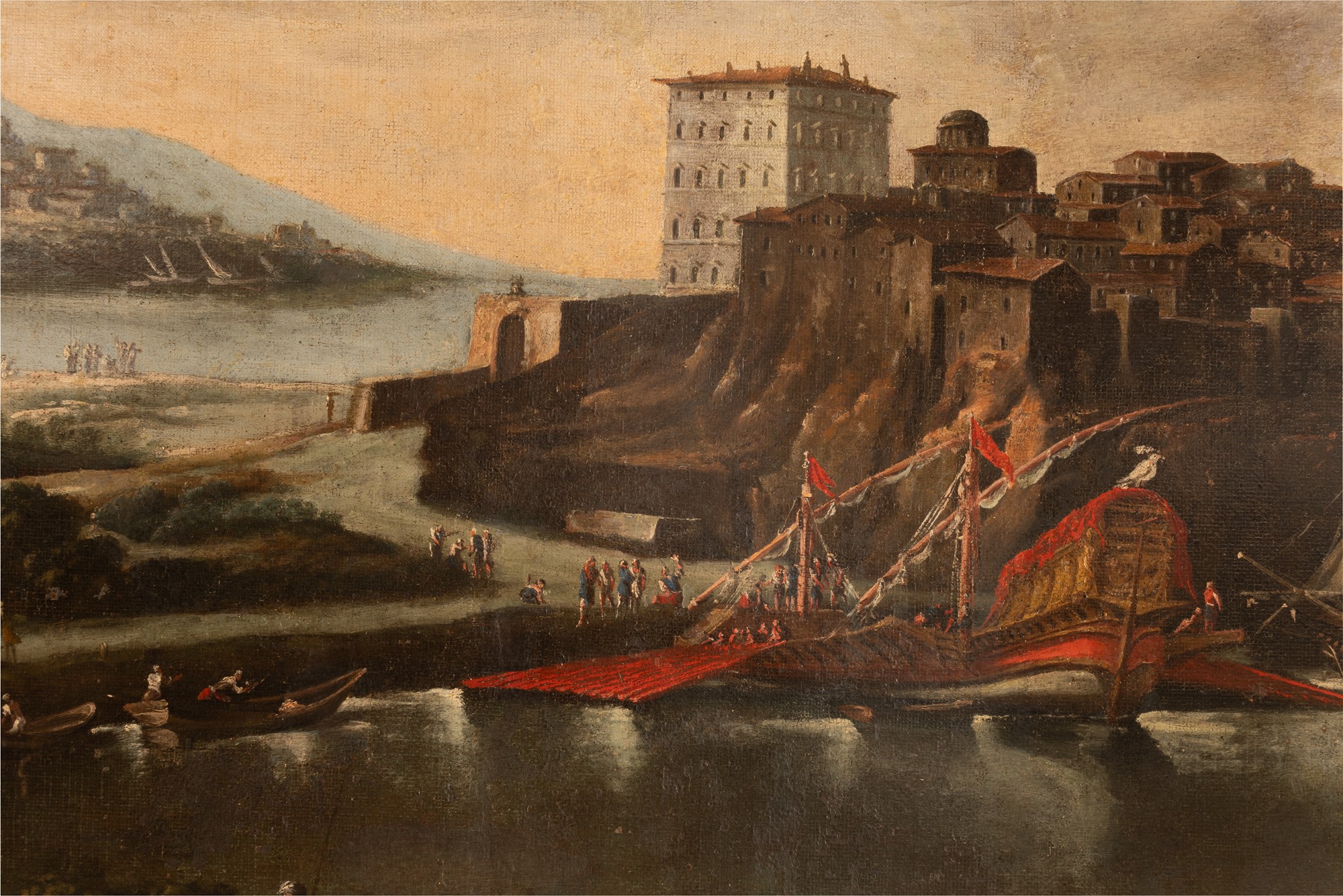 Grande dipinto raffigurante scorcio di paesaggio costiero tra Anzio e Nettuno con imbarcazioni e vil - Image 8 of 11