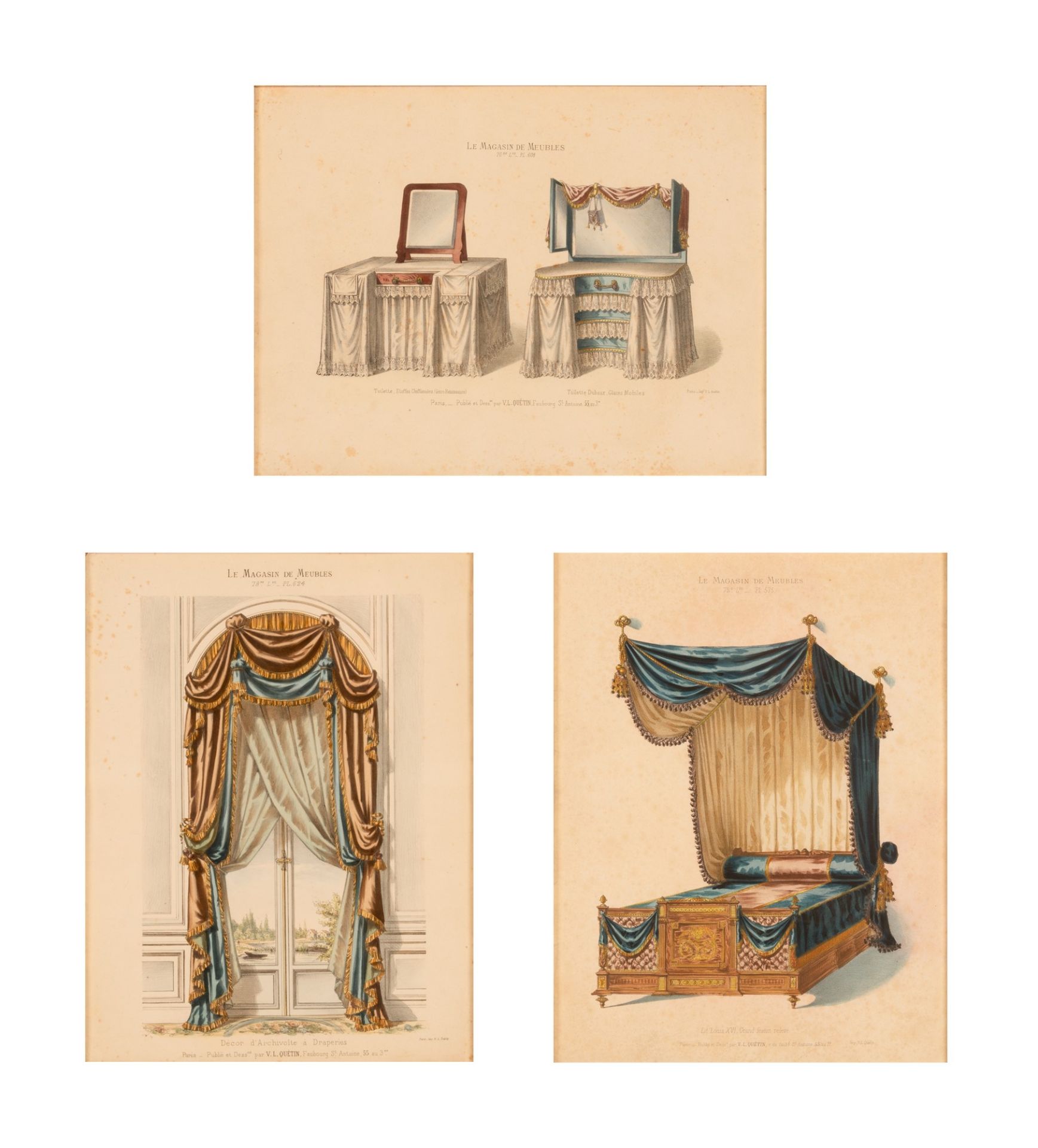 Victor L. Quéntin. Lotto di tre incisioni colorate dal libro delle tende, "Le Magasin De Meubles", r - Image 2 of 11
