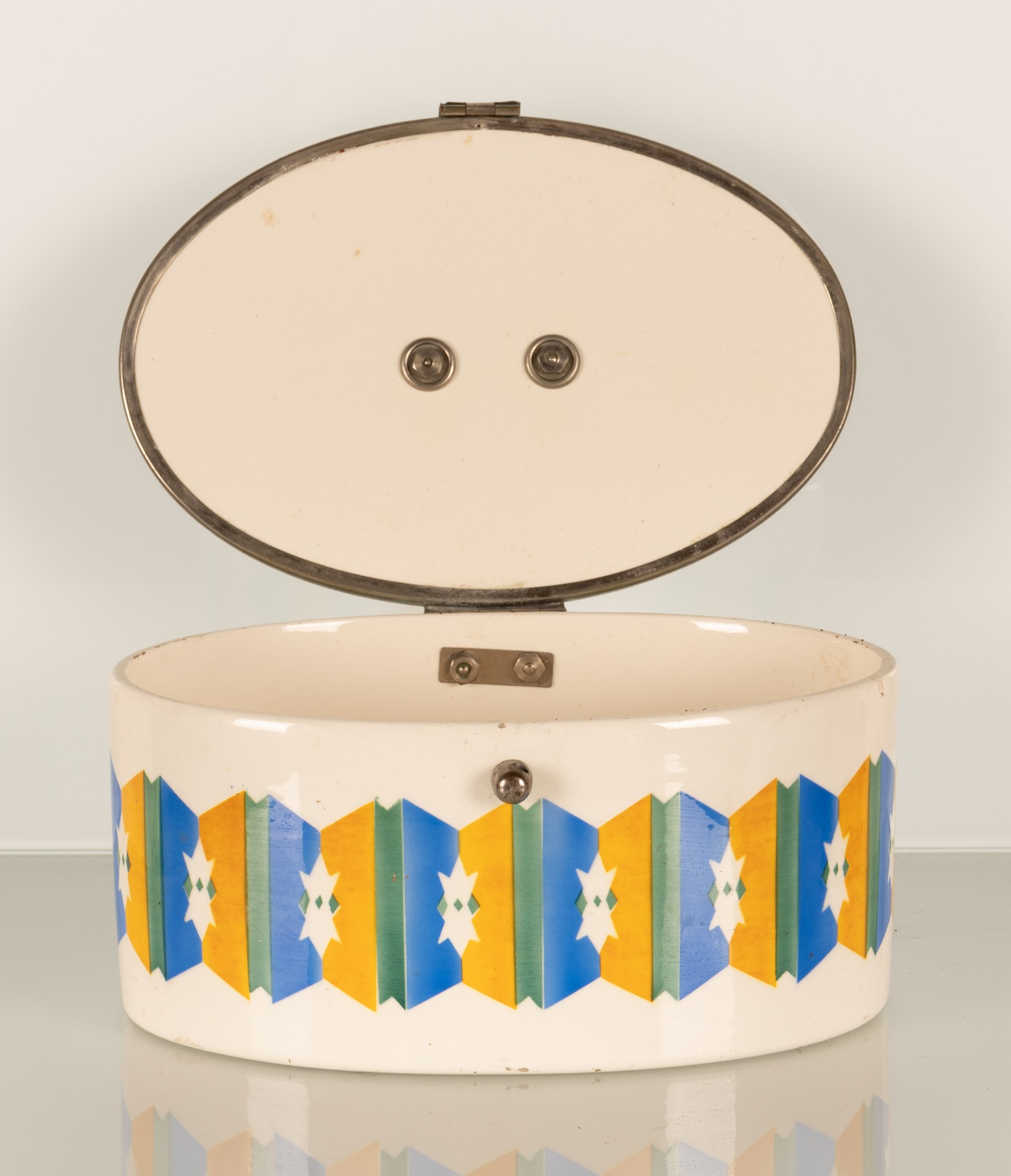 Scatola portabiscotti art deco anni '20 del XX secolo in ceramica con serramenti e manico in nichel. - Image 4 of 11