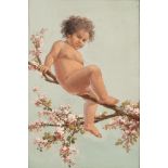 Bambino nudo su mandorlo in fiore