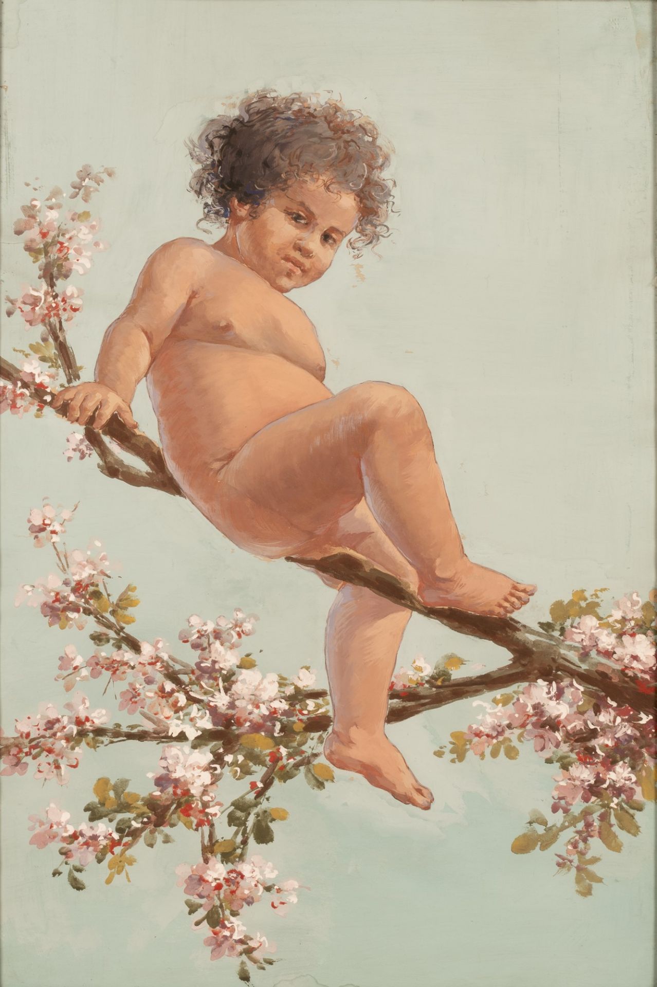 Bambino nudo su mandorlo in fiore