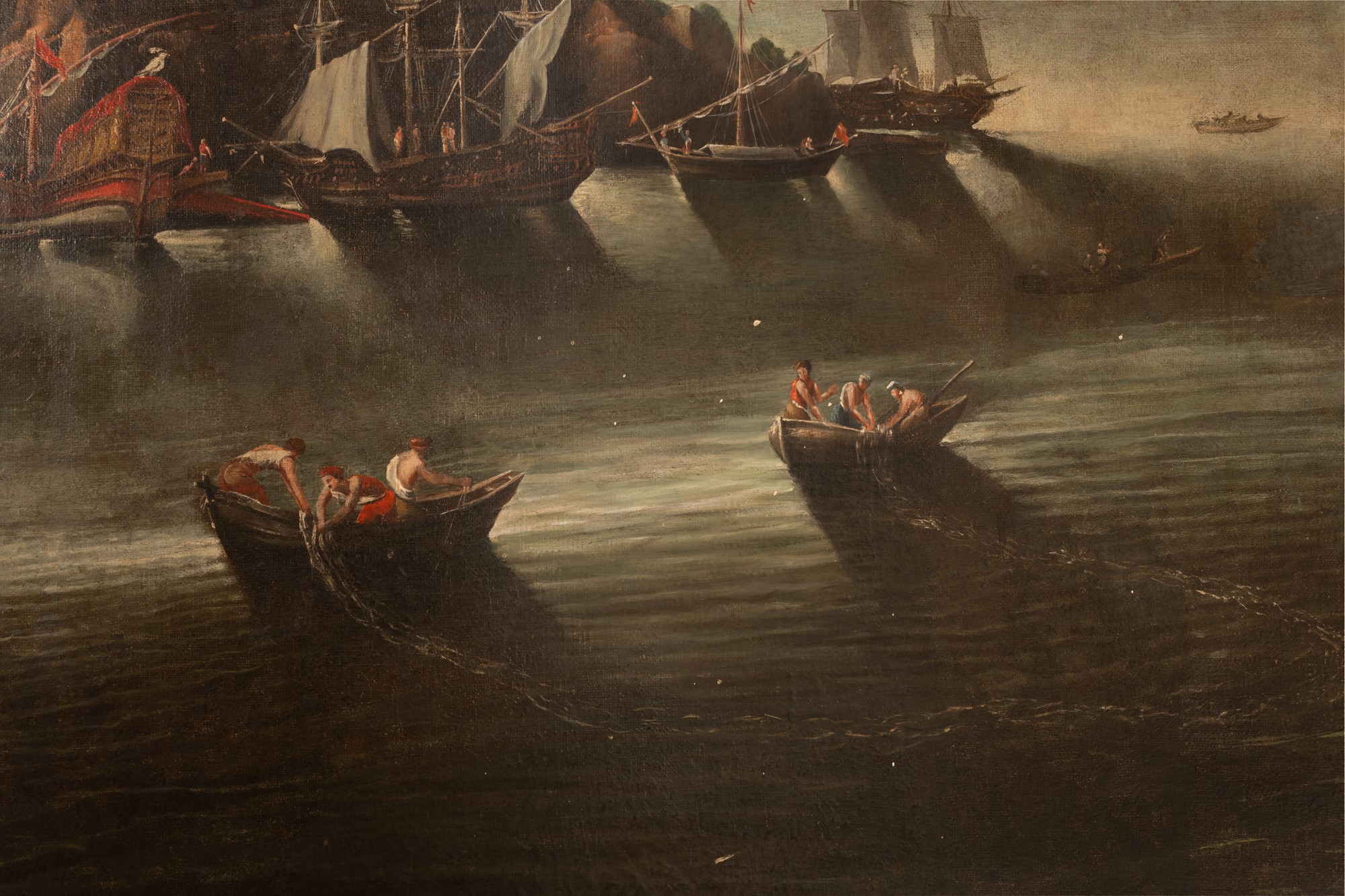 Grande dipinto raffigurante scorcio di paesaggio costiero tra Anzio e Nettuno con imbarcazioni e vil - Image 6 of 11