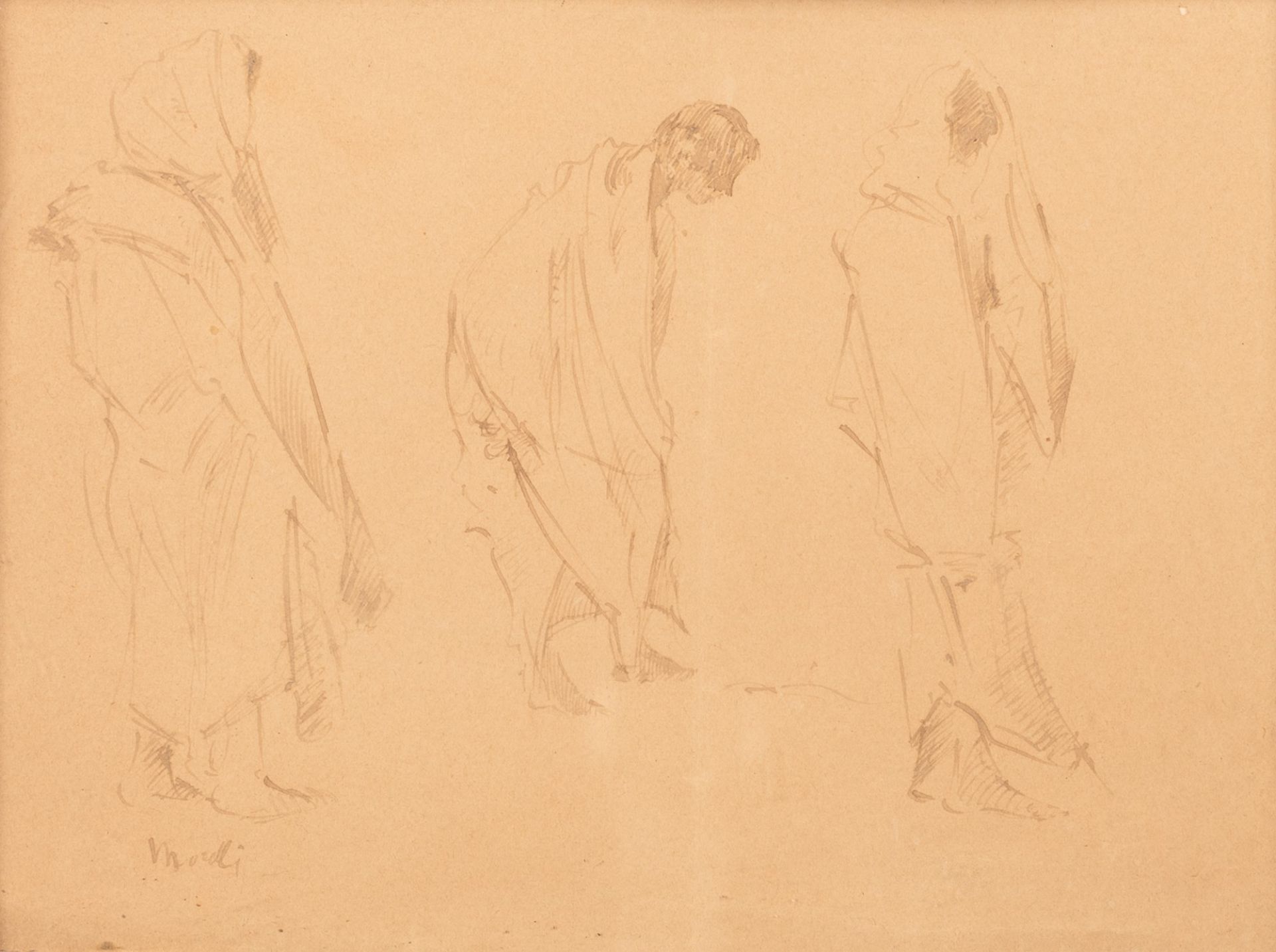 Tre figure di donne con scialli e lunghe vesti