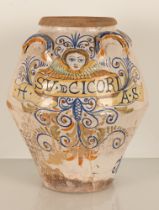 Grande vaso da farmacia con angelo "Su.C. Coria. S". Manifattura Castelli, fine del XIX secolo