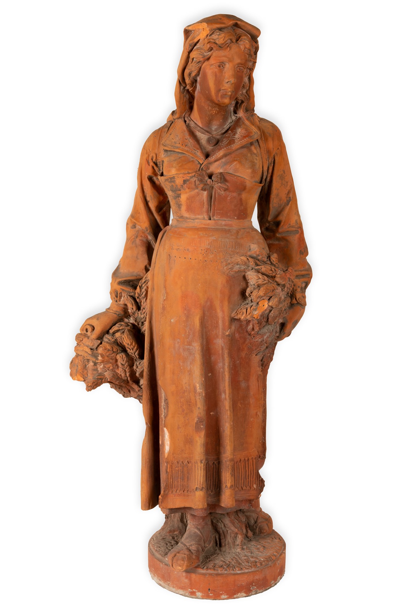 Grande scultura in terracotta. Contadina con fascio di spighe - Allegoria dell'estate