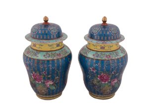Coppia di vasi in porcellana decorata nei toni del blu, celeste e giallo con particolari motivi che