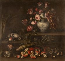 Natura morta con vaso di fiori, funghi, ortaggi e cacciagione