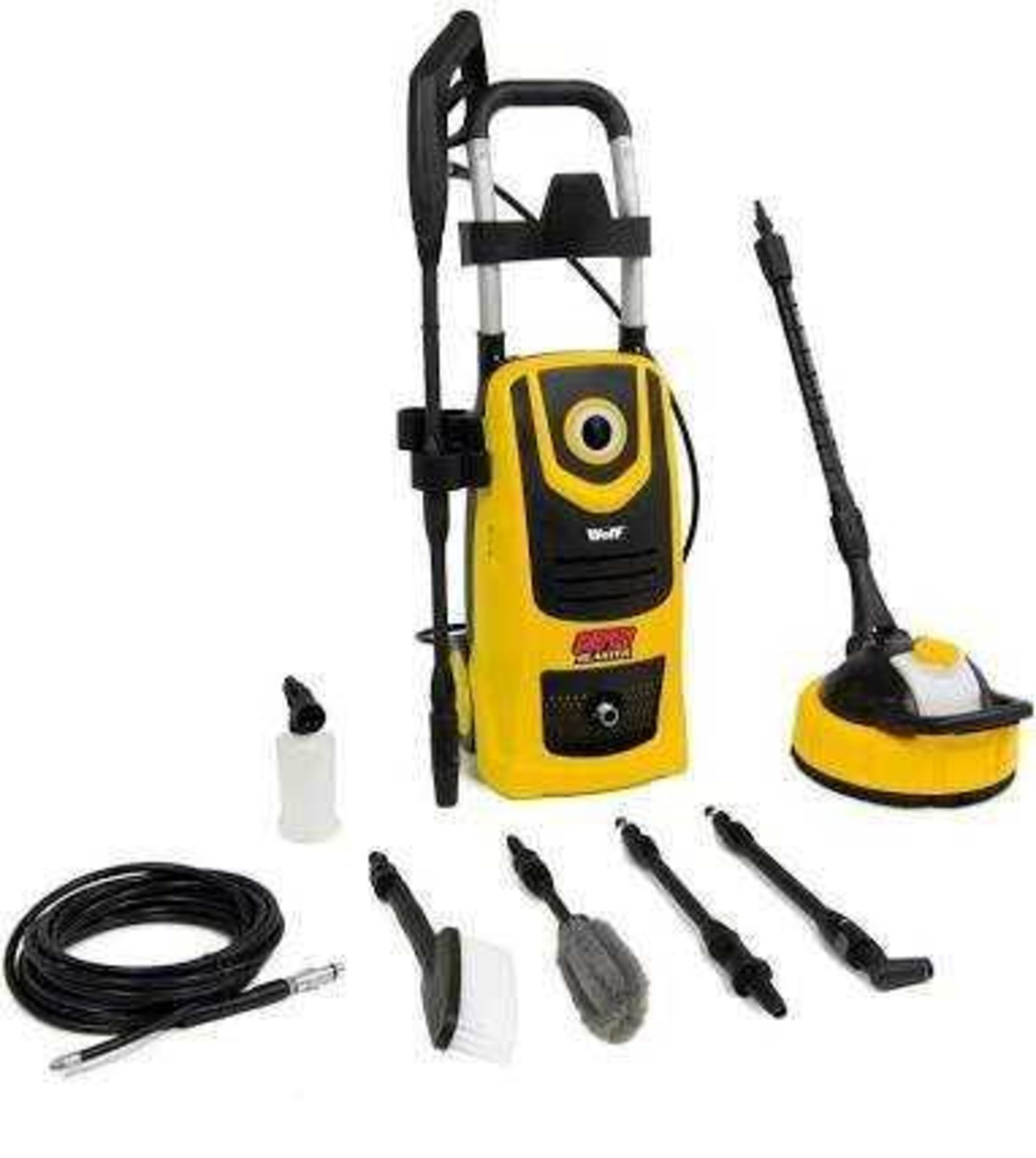 RRP £190 Boxed Wolf 140 Bar Super Blaster Pressure Washer With Outdoor & Car Accessories, Yellow