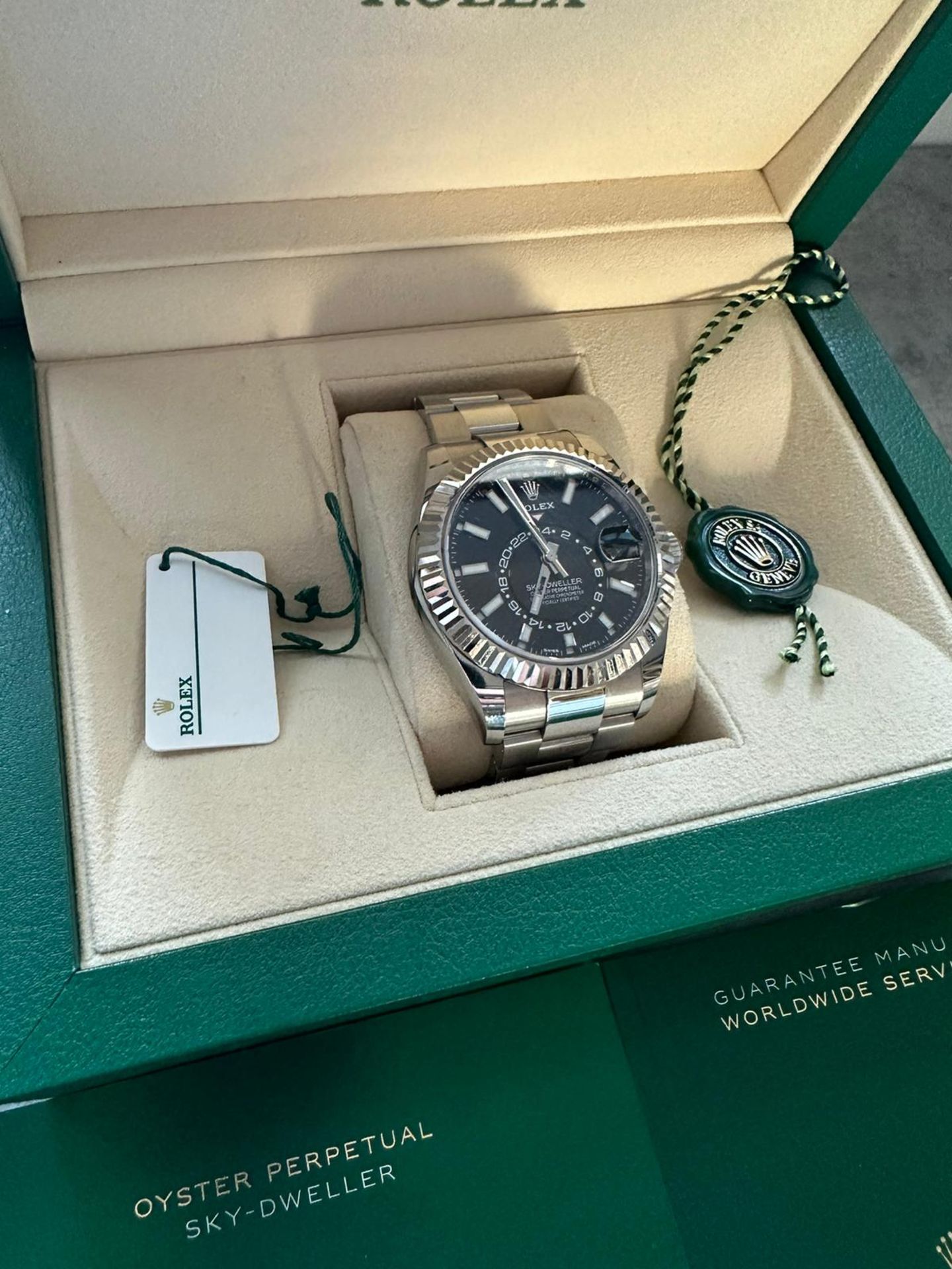 RRP £19000 Stainless Steel Rolex Sky Dweller. 42Mm Withblack Dial And Fluted Bezel On An Oyster Brac