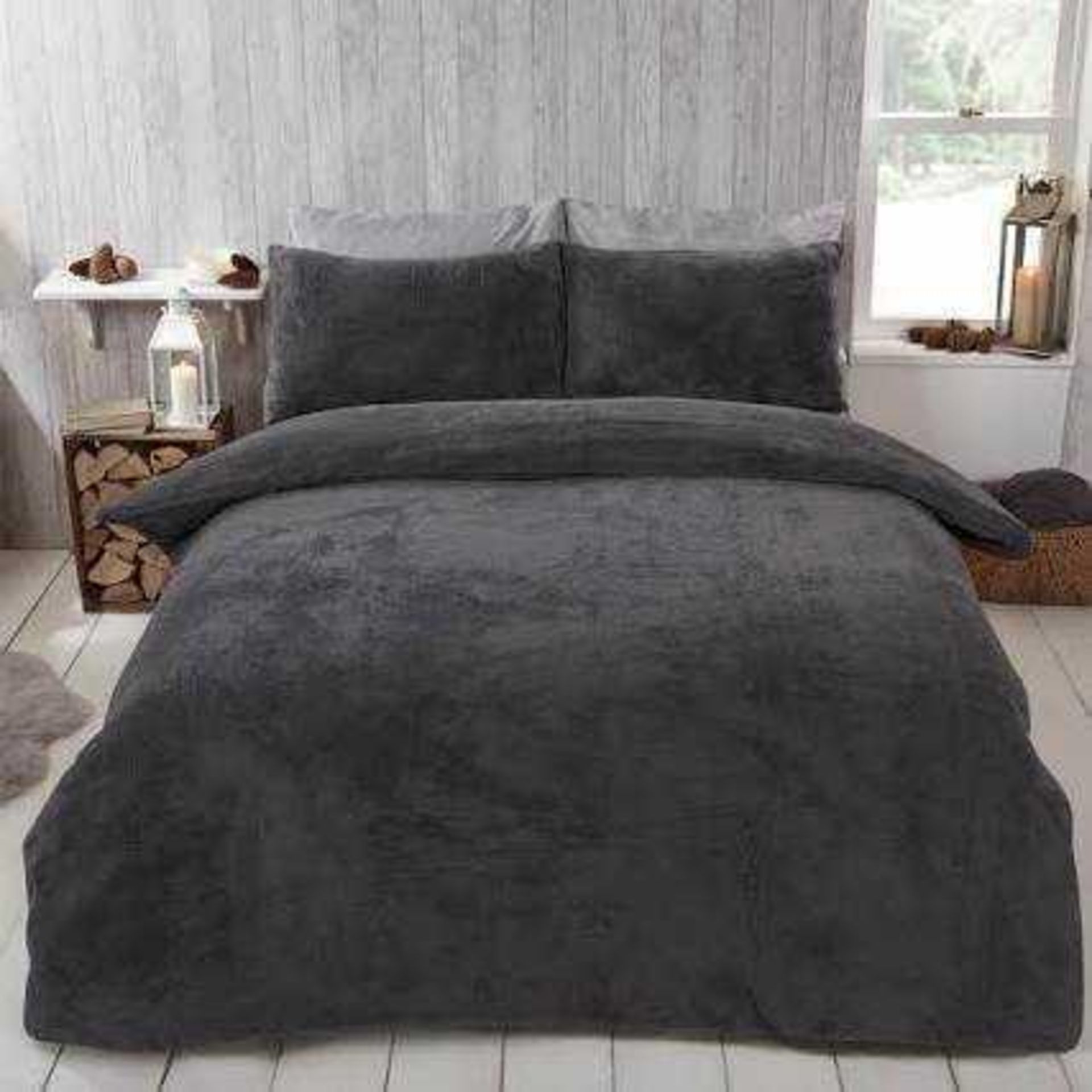 RRP £160 Teddy Fleece Duvet Set Grey , Christina Eyelet Blackout Thermal Curtains Grey, Eyelet Curta