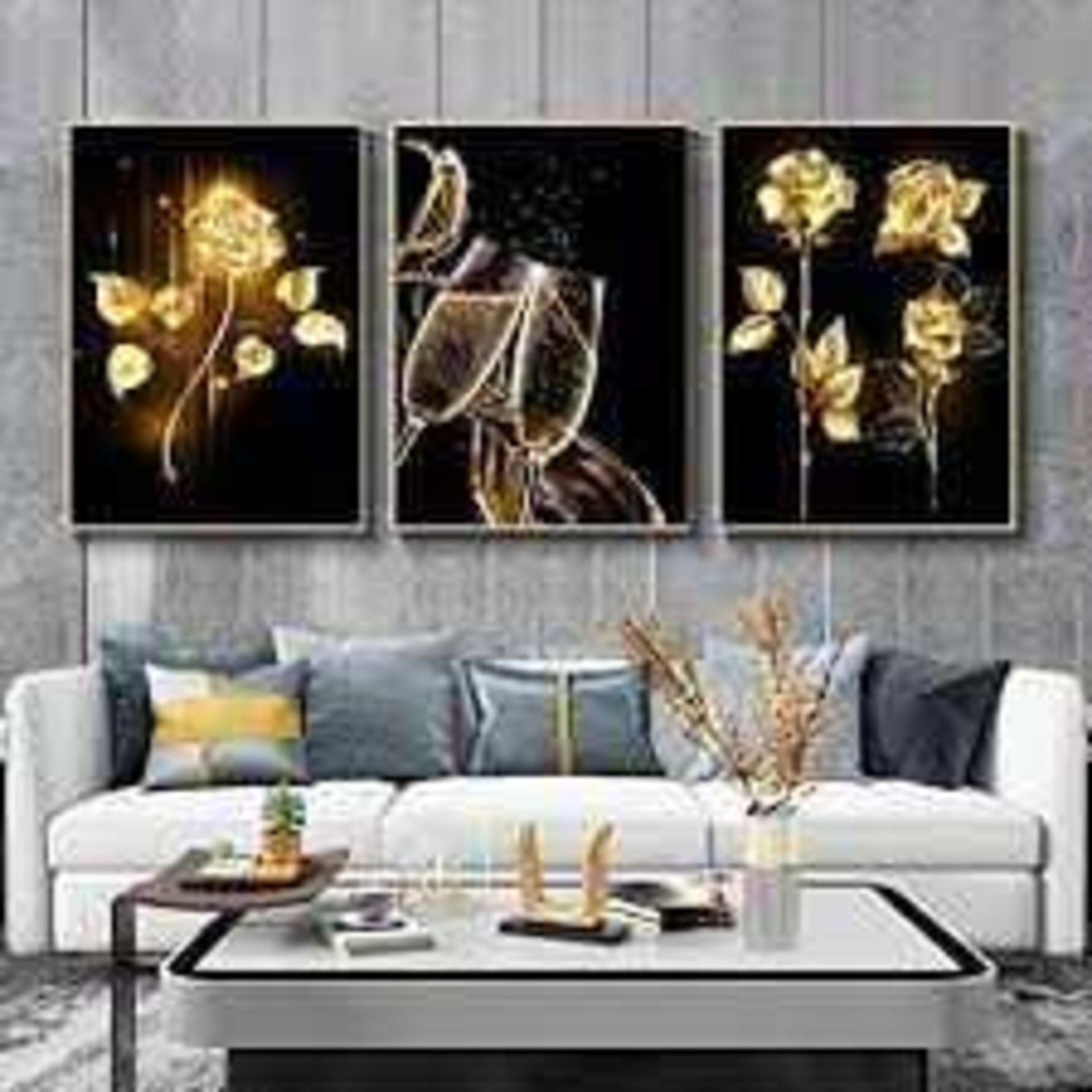 RRP £150 X3 Black And Gold Canvas Floral Style