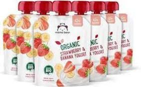 RRP £275 X56 Boxes Mama Bear Organic Strawberry & Banana Yogurt 540G (6X90G) 12+ Months, Bb 18/10/23