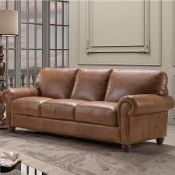 RRP £1200 Ex Display 3 Seater Leather Couch With Adjustable Headrests In Brown