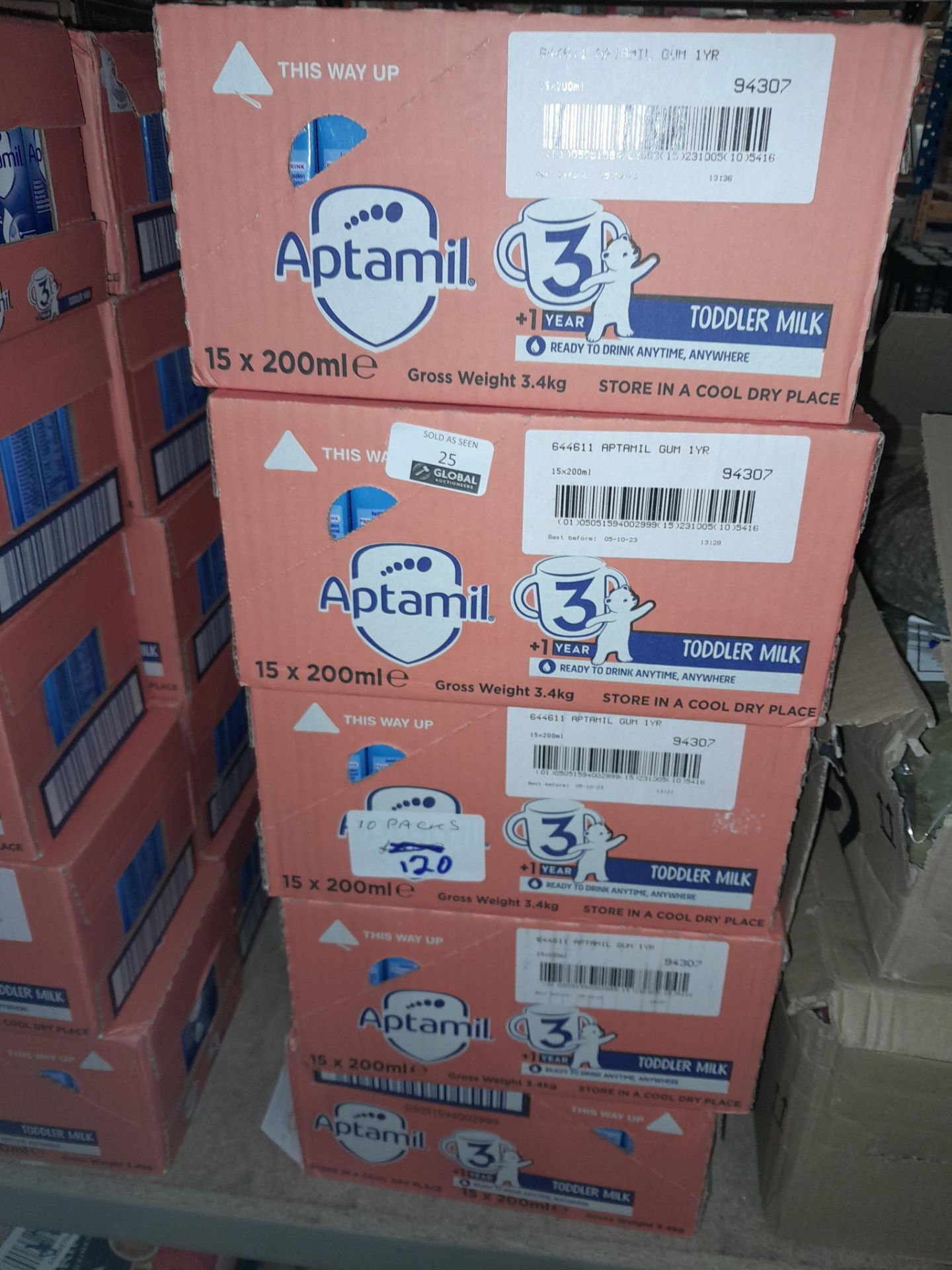 RRP £120 X10 Packs Aptamil Toddler Milk 15X200Ml, Bb 10/23