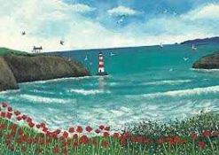 RRP £120 Brand New Boxed Jo Grundy Lighthouse At Poppy Bay Artwork