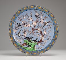 Large cloisonne dish decorated with magpies