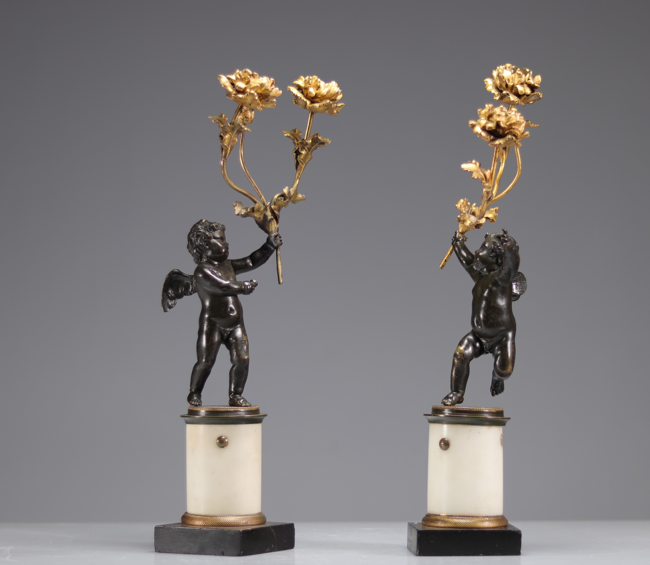 Pair of bronze candlesticks with two Louis XV style patinas - Image 2 of 3
